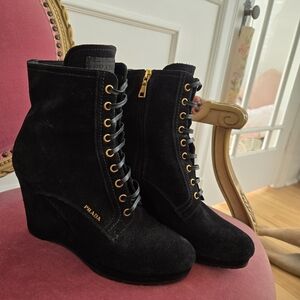 Prada Black Suede Wedge Ankle Boots
